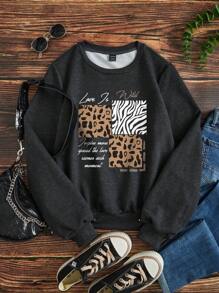 SHEIN LUNE 印刷字母和圖形的運動衫 - 深灰色 - 查看 1