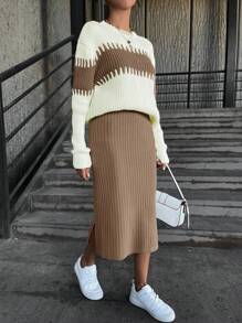 EURMUSE color block spalle cadenti Maglione & orlo a fessura Gonna in maglia - Cammello - Visualizzare 3