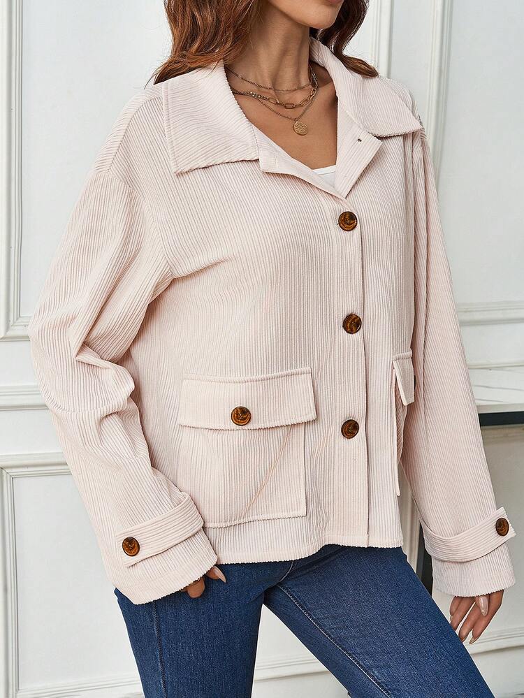 Women's Solid Color Button Front Jacket With Flap Pockets