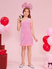 SHEIN Tween Girl Sequins Weave Asymmetrical Neck Sleeveless Dress With Slit