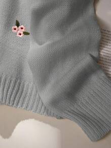 Chiquease Women's Floral Embroidery Drop Shoulder Sweater - Light Grey - View 5