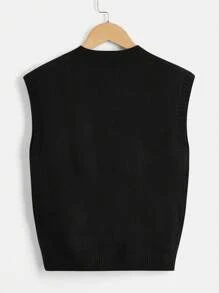 SHEIN Cậu bé Tween Cổ chữ V Áo len vest , Giải trí Không tay Dệt kim Áo chui đầu - màu đen - Xem 2