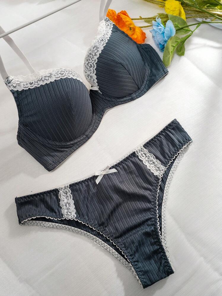 Women's Splicing Lace Underwire Bra Set - Teal Blue - View 5