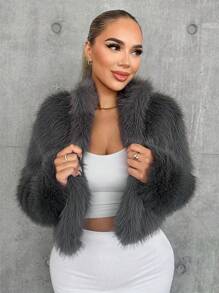 SHEIN Essnce 女士純色長毛絨外套 - 灰色 - 查看 5