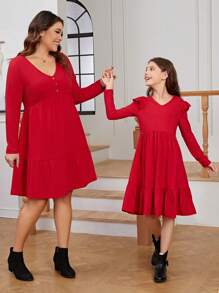 SHEIN LUNE Plus Size V-neck Ruffled Long-sleeve Dress