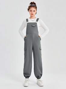 SHEIN Teen Girls Casual Woven Solid Color Pocket Cargo Adjustable Instep Jumpsuit - Grey - View 3