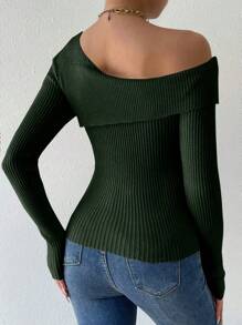 SHEIN Essnce Màu thuần Bất đối xứng Đường viền cổ áo Áo len - xanh quân đội - Xem 2