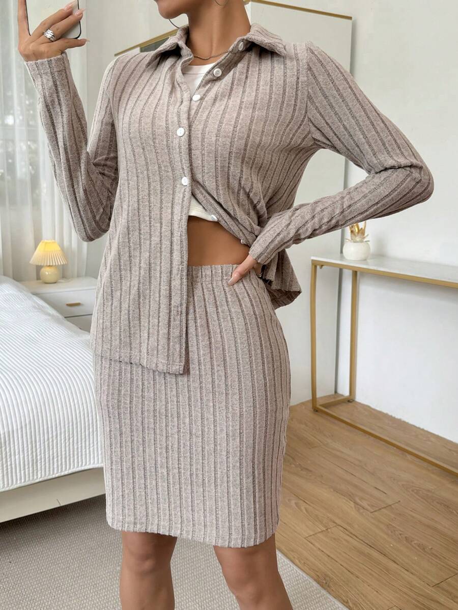 SHEIN Essnce 女士翻領羅紋長袖上衣裙兩件套 - 杏色 - 查看 1