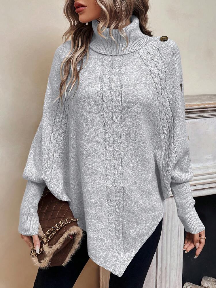 Women's Casual High Neck Batwing Sleeve Sweater With Asymmetrical Hem And Button Embellishment,Long Sleeve Tops Knit Pullover Fall Winter Sweater