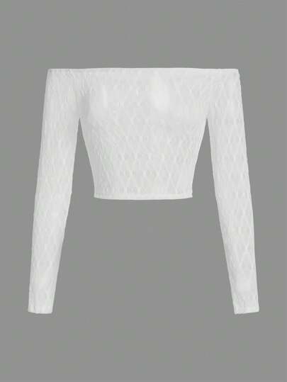 Solides Off-shoulder-spitzen-oberteil Für Damen Mit Langen Ärmeln