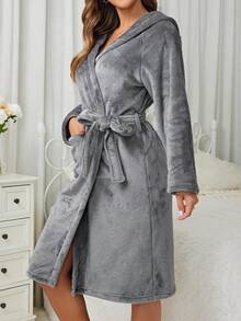 女士純色毛絨連帽浴袍 - 灰色 - 查看 4