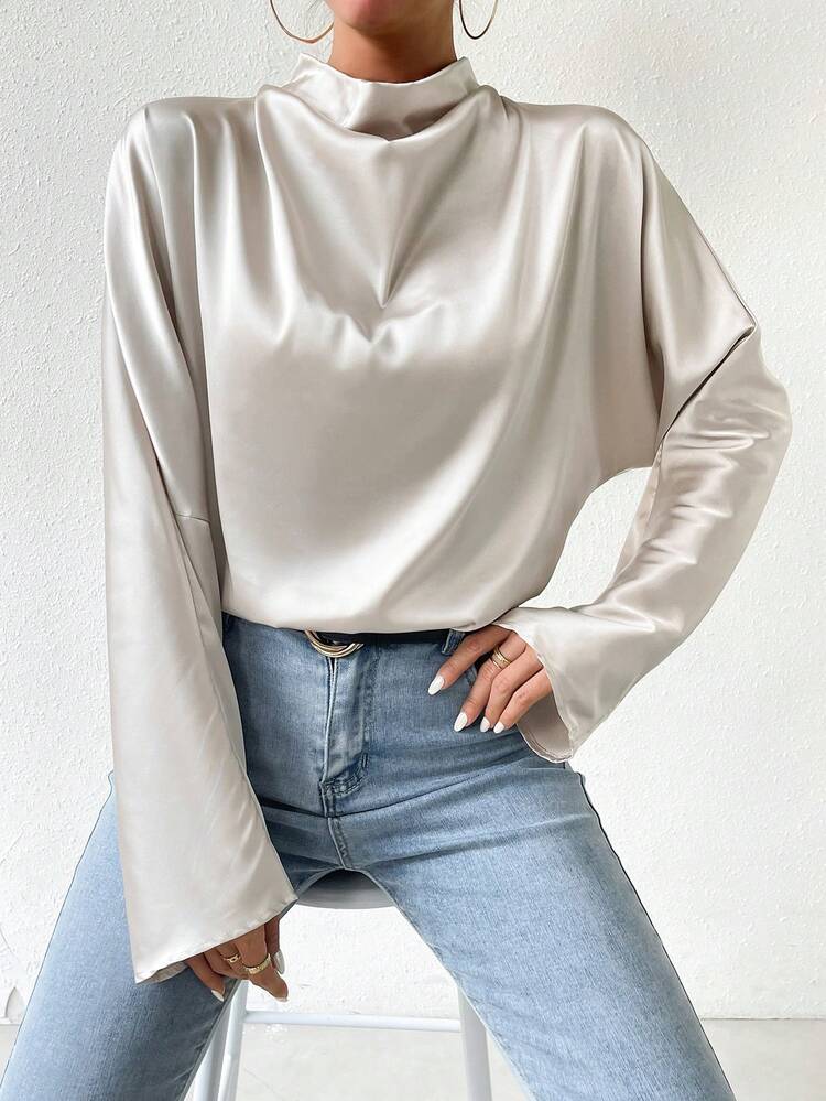 Backless Short Collar Color Satin Long Sleeve Shirt