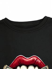 INAWLY 大尺碼女款唇形和錢幣印花運動衫 - 黑色 - 查看 6