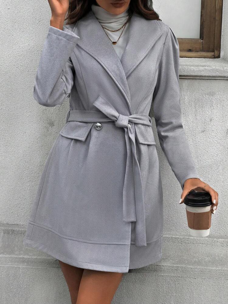 Women's Woolen Coat With Wide Lapel Collar And Belt Fall Cloth For Women