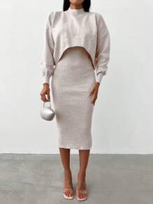EURMUSE Cổ giả Thả vai Áo len & Đan Đầm - Màu be - Xem 5