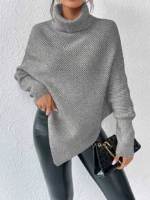 SHEIN Essnce 高领不对称下摆斗篷毛衣 - 灰色 - 查看 1