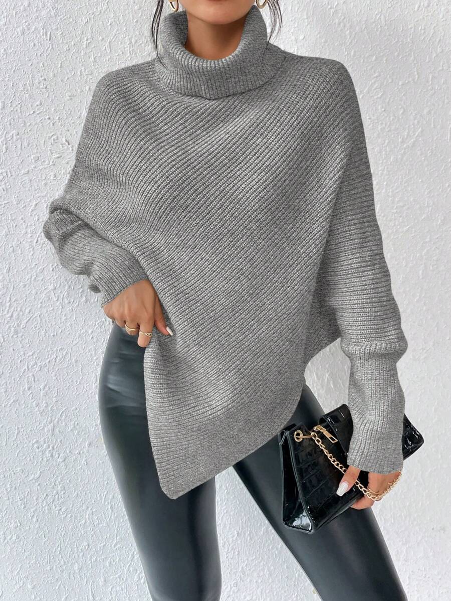 SHEIN Essnce 高领不对称下摆斗篷毛衣 - 灰色 - 查看 1