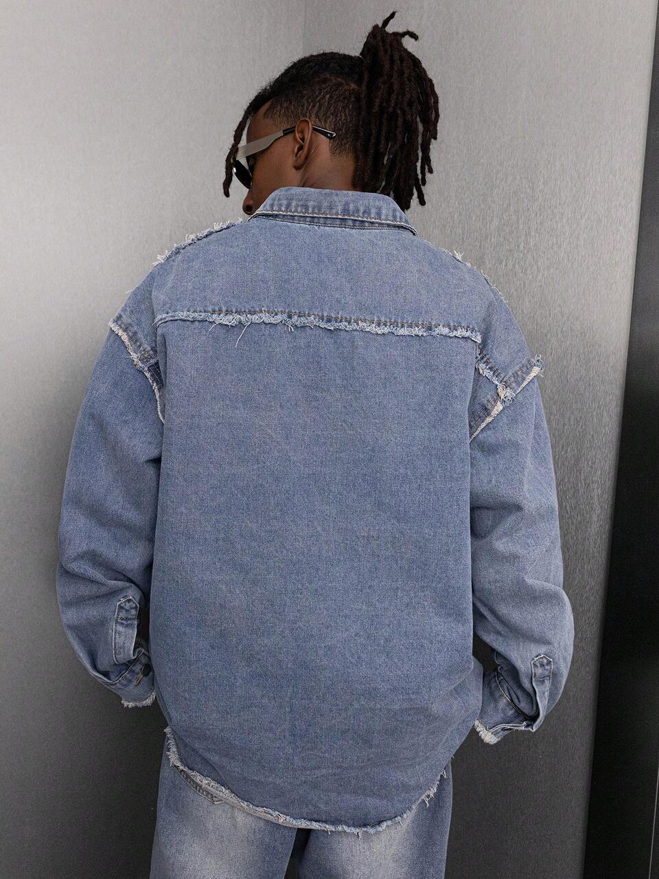Men's Autumn Frayed Shoulder Drop Long Sleeve Single-Breasted Pocket Casual Denim Shirt