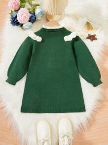 Infant Girls' Color Block Ruffle Hem Sweater Dress - Dark Green - View 2