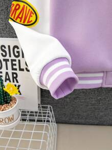 青少女甜美對比色字母印花棒球夾克,適用於秋冬季節 - 淡紫色 - 查看 3