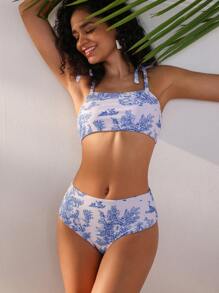 Swim Mod 夏季海滩女士植物印花比基尼套装
