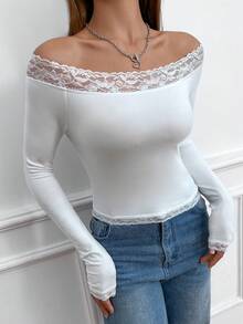 SHEIN Qutie 女士蕾絲拼接長袖修身t恤 - 白色 - 查看 5