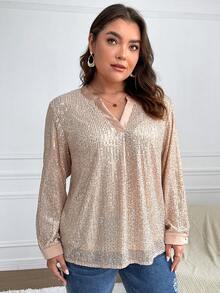 SHEIN Franclia Kích thước lớn Tay áo lồng đèn Áo Với Cổ áo có khía - Màu be - Xem 3