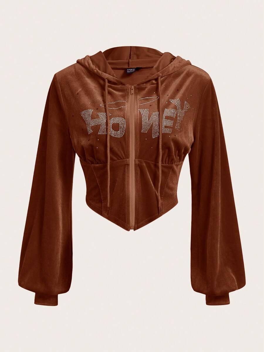 SHEIN ICON 女裝拉鍊連帽運動衫,鑲有鑽石裝飾與可調節束口 - 鏽棕色 - 查看 1