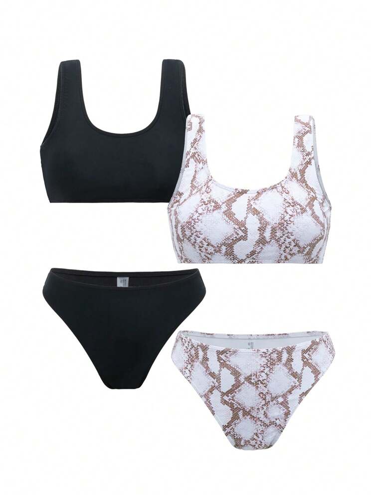 4pcs/Set Women's Solid Color And Snake Print Bikini Set Matching Set Summer Beach