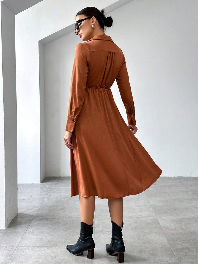 Hollow Out Waist Buckle Closure Long Sleeve Dress