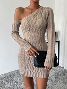 SHEIN Essnce Váy len dài tay cổ bất đối xứng cho nữ - Màu Khaki - Xem 5