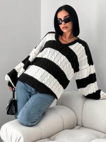 EURMUSE Women's Striped V-neck Sweater - Black - View 4