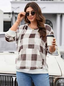 Calvaya Áo nỉ nữ cỡ lớn kẻ caro có dây rút - Hồng - Xem 5