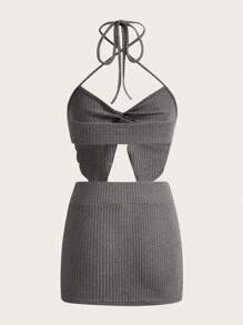 SHEIN ICON 純色羅紋結交叉掛脖上衣與裙子套裝 - 灰色 - 查看 2