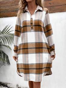 SHEIN LUNE Women's Long Sleeve Plaid Button Up Dress - Khaki - View 4