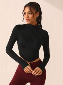 SHEIN Sports Women's Stand Collar Zipper Closure Half Placket Slim Fit Sports Sweatshirt - Black - View 6