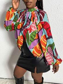 Slaydiva Blusa Con Nudo En La Espalda Y Estampado Integral Para Mujer