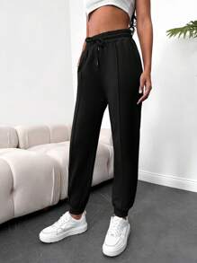 RueChic Drawstring Waist Slant Pocket Sweatpants - Black - View 3