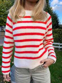 條紋圖案插肩袖套頭毛衣 - 紅白色 - 查看 1