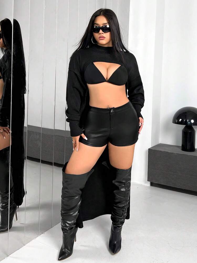 Plus Size Women'S Stand Collar High-Low Hem Sweater Pullover