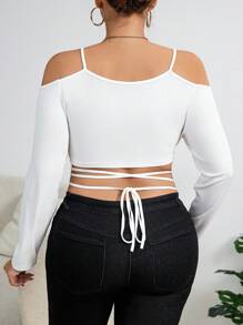 Celure Women's Plus Size Open Shoulder Crisscross Tie Top - White - View 3