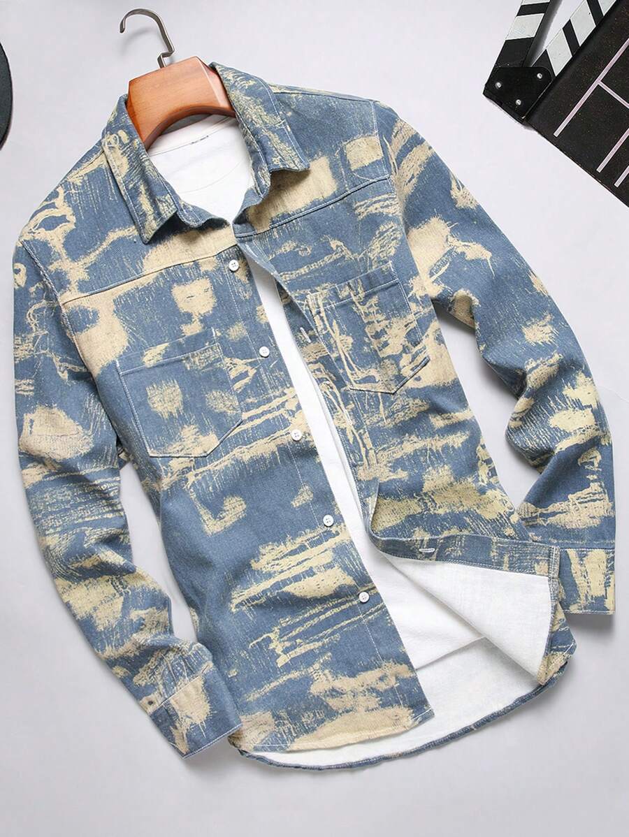 Manfinity Homme Men's Water Washed Long Sleeve Rapper Colorful Art Denim Shirt With Pocket And Button Front, For Party - Multicolor - View 1