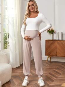 SHEIN Màu thuần Thai sản Quần Với Vòng eo có thể điều chỉnh - Màu Khaki - Xem 4