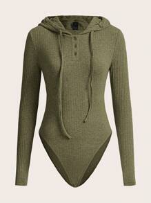 SHEIN EZwear Women's Plus Size Plain Ribbed Bodysuit With Drawstring Hooded Design - Army Green - View 1