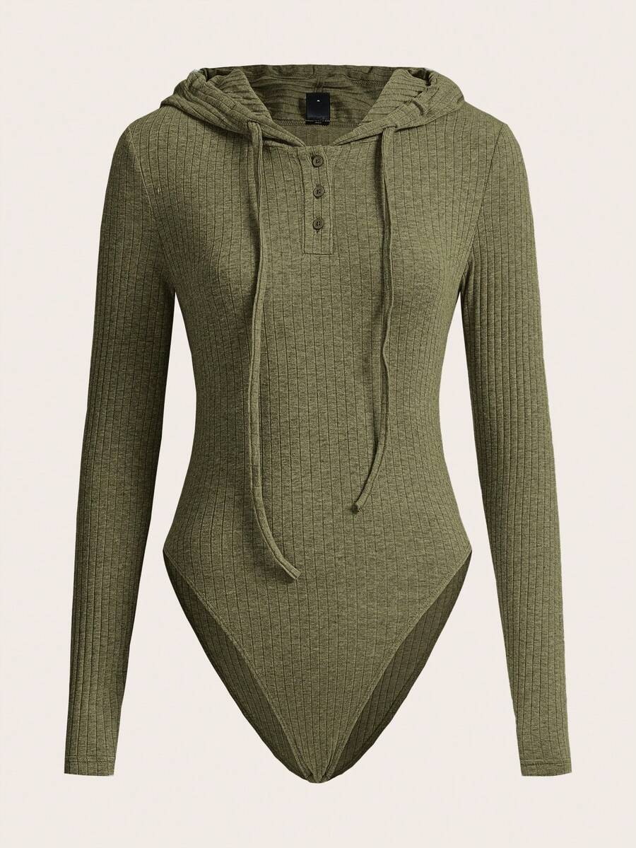 SHEIN EZwear Women's Plus Size Plain Ribbed Bodysuit With Drawstring Hooded Design - Army Green - View 1