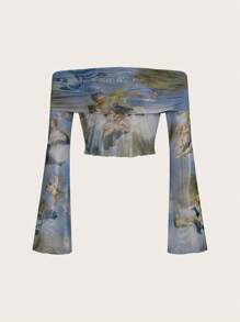 SHEIN ICON Figure Graphic Off Shoulder Crop Mesh Top - Multicolor - View 1