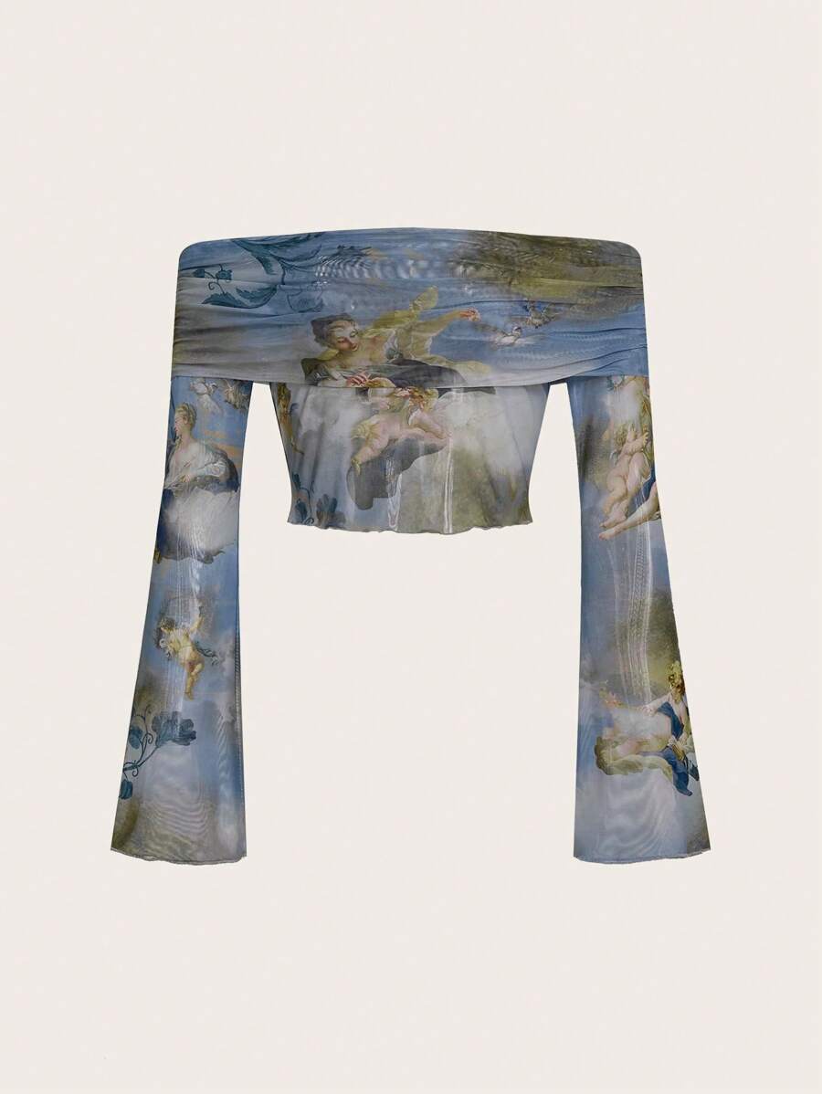 SHEIN ICON Figure Graphic Off Shoulder Crop Mesh Top - Multicolor - View 1