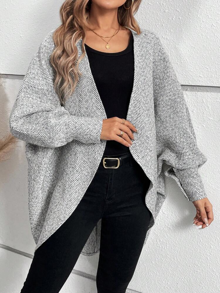 Zigzag Pattern Asymmetrical Hem Open Front Casual Coat Fall Cloth For Women