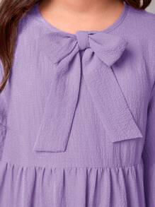 SHEIN Tween Girl dáng rộng phong cách cổ điển Đầm dài tay cổ nơ cổ chữ A - Màu tím - Xem 3