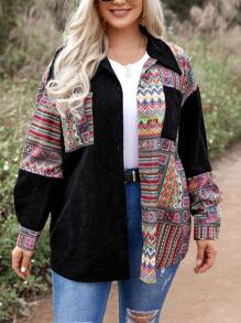 SHEIN LUNE Plus Size Women's Geometric Pattern Corduroy Jacket - Multicolor - View 5